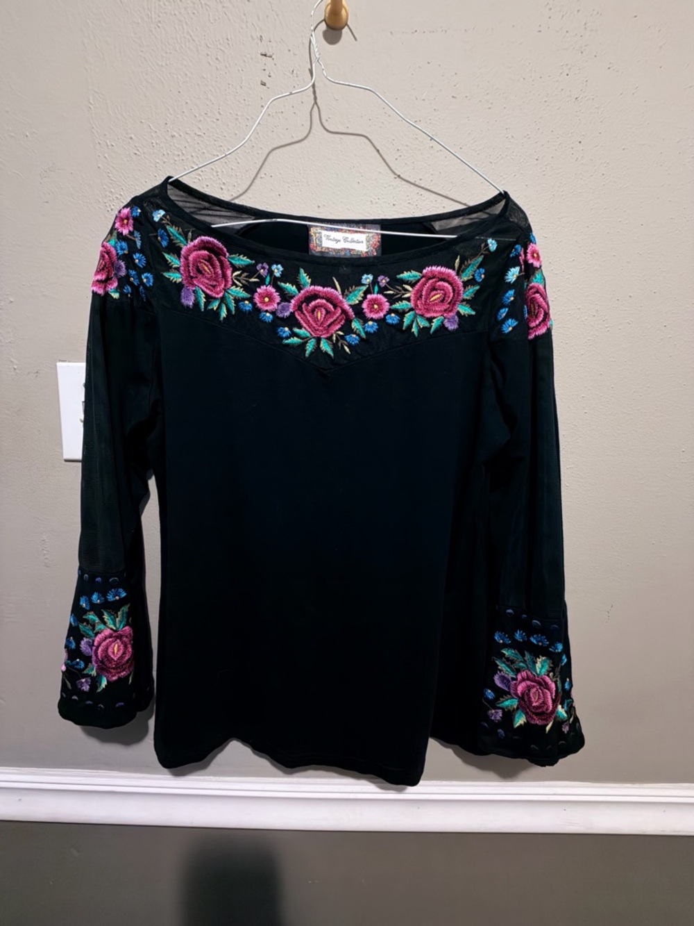 Black Long-Sleeve Top with Pink Rose Embroidery